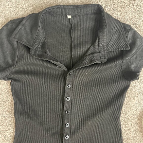 Black Ribbed Button Up Romper - Picture 3 of 5